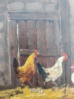 Tableau ancien signé. Scène de Basse Cour Poules Coq. Huile sur Panneau