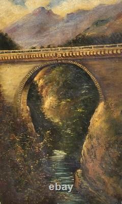 Tableau ancien signé. Un Pont en pierre. Peinture huile sur toile