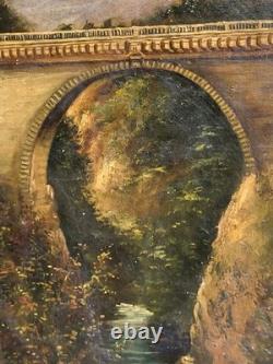 Tableau ancien signé. Un Pont en pierre. Peinture huile sur toile
