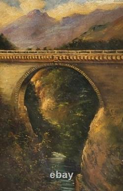 Tableau ancien signé. Un Pont en pierre. Peinture huile sur toile