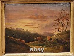 Tableau ancien signé. Vaches paturant. Peinture huile sur panneau de bois XlX°