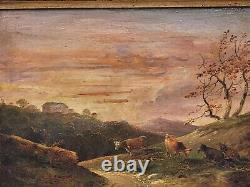 Tableau ancien signé. Vaches paturant. Peinture huile sur panneau de bois XlX°