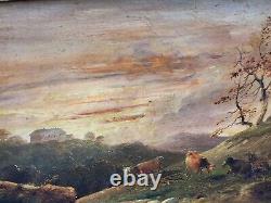 Tableau ancien signé. Vaches paturant. Peinture huile sur panneau de bois XlX°