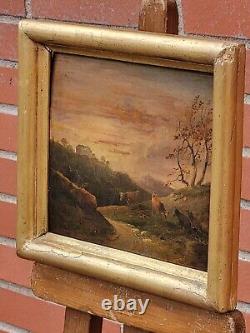 Tableau ancien signé. Vaches paturant. Peinture huile sur panneau de bois XlX°