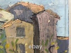 Tableau ancien signé, Ville aux façades colorées, Huile sur toile, Peinture, XXe