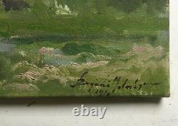 Tableau ancien signé et daté 1970, Huile sur toile, Jardin, Grand format, XXe