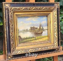 Tableau ancien signée Bord du Lac Animé Peinture huile sur panneau de bois