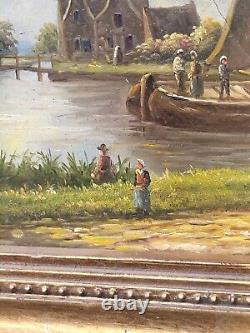 Tableau ancien signée Bord du Lac Animé Peinture huile sur panneau de bois