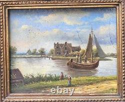 Tableau ancien signée Bord du Lac Animé Peinture huile sur panneau de bois