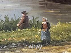 Tableau ancien signée Bord du Lac Animé Peinture huile sur panneau de bois