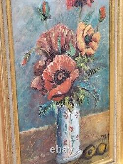 Tableau ancien signée. Bouquet de Fleurs. Peinture huile sur carton
