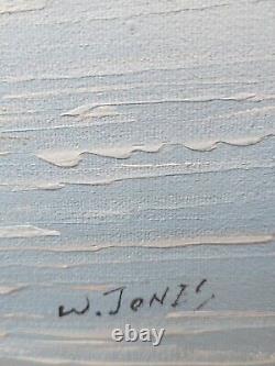 Tableau ancien signée W Jones Port de pêche chalutiers Peinture huile sur toile