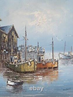 Tableau ancien signée W Jones Port de pêche chalutiers Peinture huile sur toile