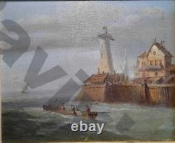 Tableau ancien, sortie du port en barque de pêche, XIXeme 44x36 cm HC