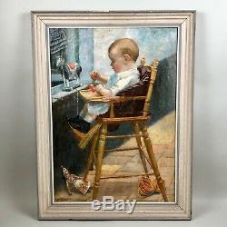 Tableau ancien, un bébé sur sa chaise année 30