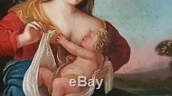 Tableau ancien vierge à l'enfant dans un paysage huile sur cuivre du XVIIIème