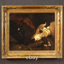 Tableau chevaux huile sur toile ancienne peinture animaux écurie 19ème siècle