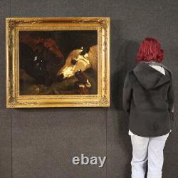 Tableau chevaux huile sur toile ancienne peinture animaux écurie 19ème siècle