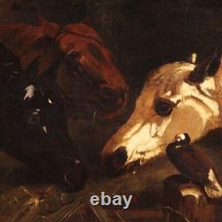 Tableau chevaux huile sur toile ancienne peinture animaux écurie 19ème siècle