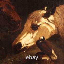 Tableau chevaux huile sur toile ancienne peinture animaux écurie 19ème siècle