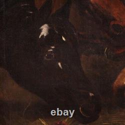 Tableau chevaux huile sur toile ancienne peinture animaux écurie 19ème siècle