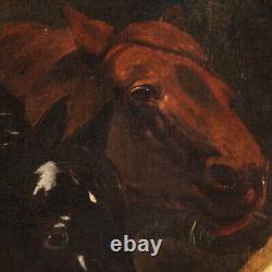 Tableau chevaux huile sur toile ancienne peinture animaux écurie 19ème siècle