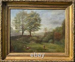 Tableau huile ancien sur toile 19ème Paysage d'été Lavandières cadre bois doré