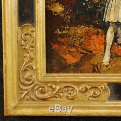Tableau huile sur panneau peinture paysage romantique personnages style ancien
