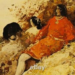 Tableau huile sur panneau peinture paysage romantique personnages style ancien