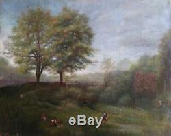 Tableau huile sur toile 19ème Paysage d'été Lavandières tableau ancien