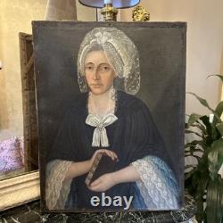 Tableau huile sur toile XVIIIe portrait de femme ancien peinture décoration