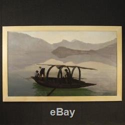 Tableau italien peinture signé huile sur toile paysage lac de Côme style ancien