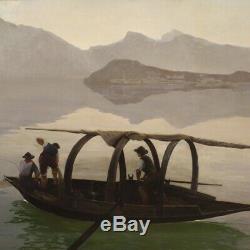Tableau italien peinture signé huile sur toile paysage lac de Côme style ancien