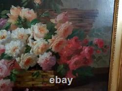 Tableau jetée de roses par Emile Godchaux XIXème huile sur toile cadre ancien