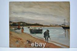 Tableau marine peinture ancienne Rade Perros Guirec Bretagne océan port breton