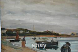 Tableau marine peinture ancienne Rade Perros Guirec Bretagne océan port breton