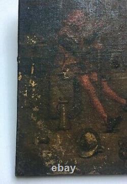 Tableau miniature ancien, Huile sur toile, Soldat dans un intérieur, Fin XIXe