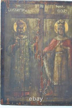 Tableau peinture ancienne 19 siècle icone bois Saint Constantin Sainte Hélène