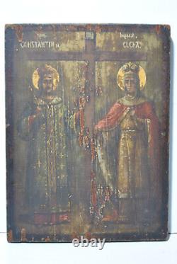 Tableau peinture ancienne 19 siècle icone bois Saint Constantin Sainte Hélène