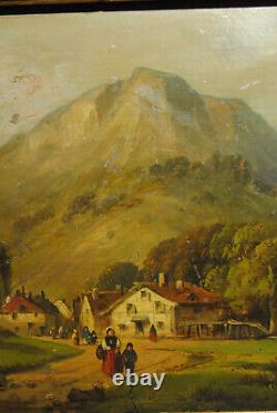 Tableau peinture ancienne 19 siècle paysage campagne montagne village personnage