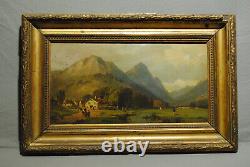 Tableau peinture ancienne 19 siècle paysage campagne montagne village personnage
