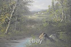 Tableau peinture ancienne gout Barbizon paysage campagne bord rivière Rollet 1