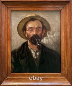 Tableau peinture ancienne portrait fumeur de pipe XIXe