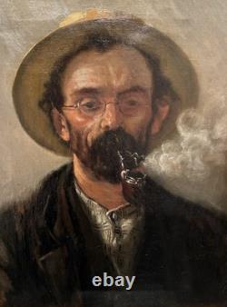 Tableau peinture ancienne portrait fumeur de pipe XIXe