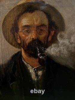 Tableau peinture ancienne portrait fumeur de pipe XIXe
