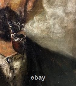 Tableau peinture ancienne portrait fumeur de pipe XIXe