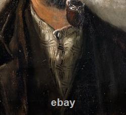 Tableau peinture ancienne portrait fumeur de pipe XIXe