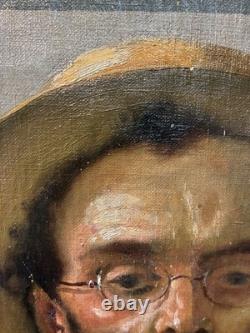 Tableau peinture ancienne portrait fumeur de pipe XIXe