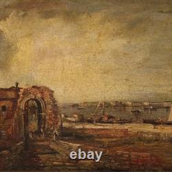 Tableau peinture huile sur toile paysage marine cadre 20ème siècle style ancien