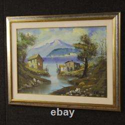 Tableau peinture huile sur toile paysage signé lac cadre style ancien 900